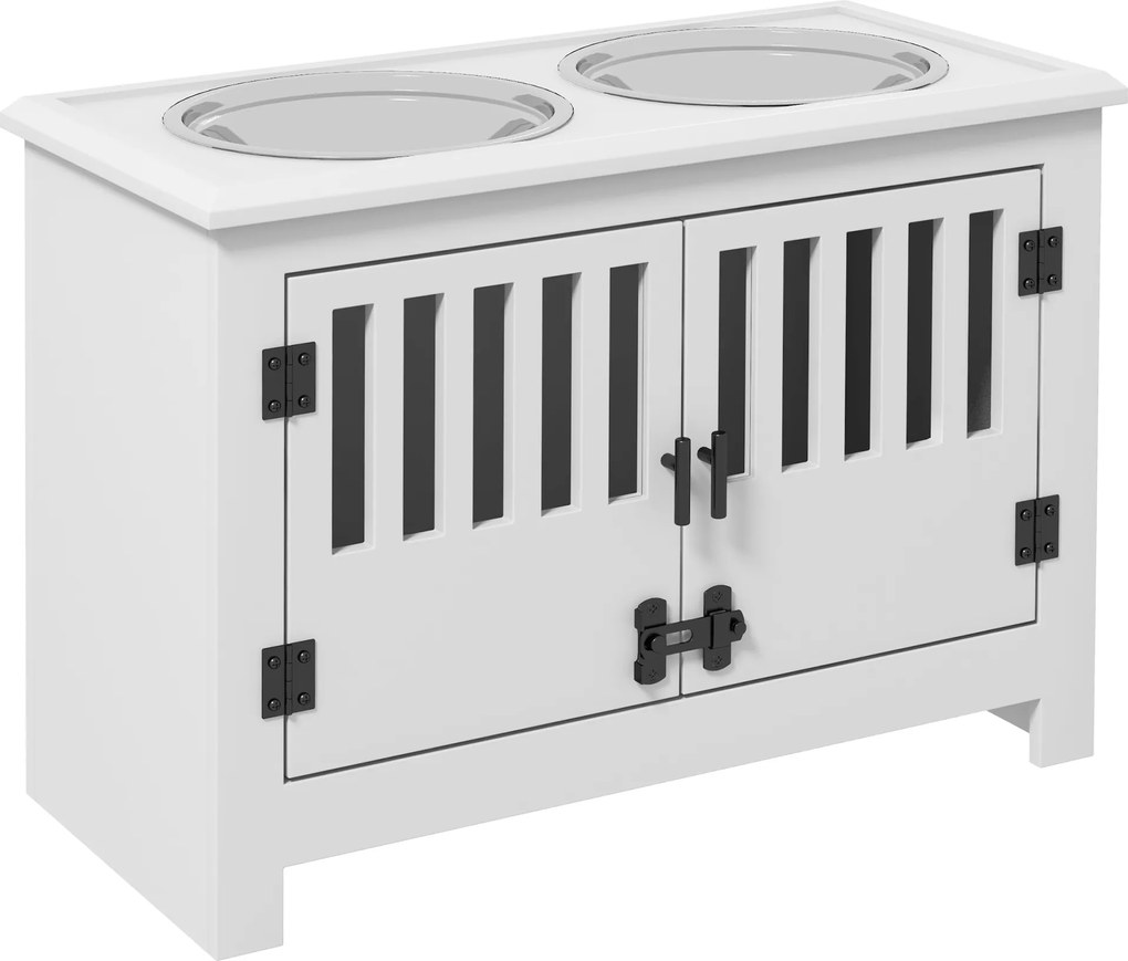 PawHut Podwyższona stacja żywieniowa dla dużych psów, 2 miski ze stali nierdzewnej, przestrzeń do przechowywania, 35,5x60x30 cm, Biały