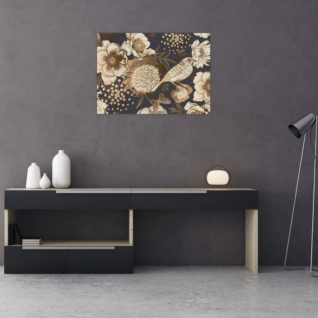 Obraz złotych kwiatów na ciemnym tle (70x50 cm)