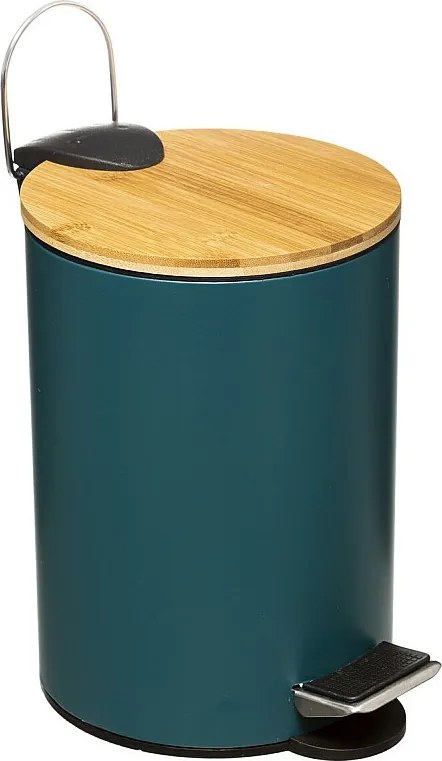 Kosz na Śmieci Łazienkowy z Metalu w Kolorze Petrolu z Pokrywką z Bambusa 3L