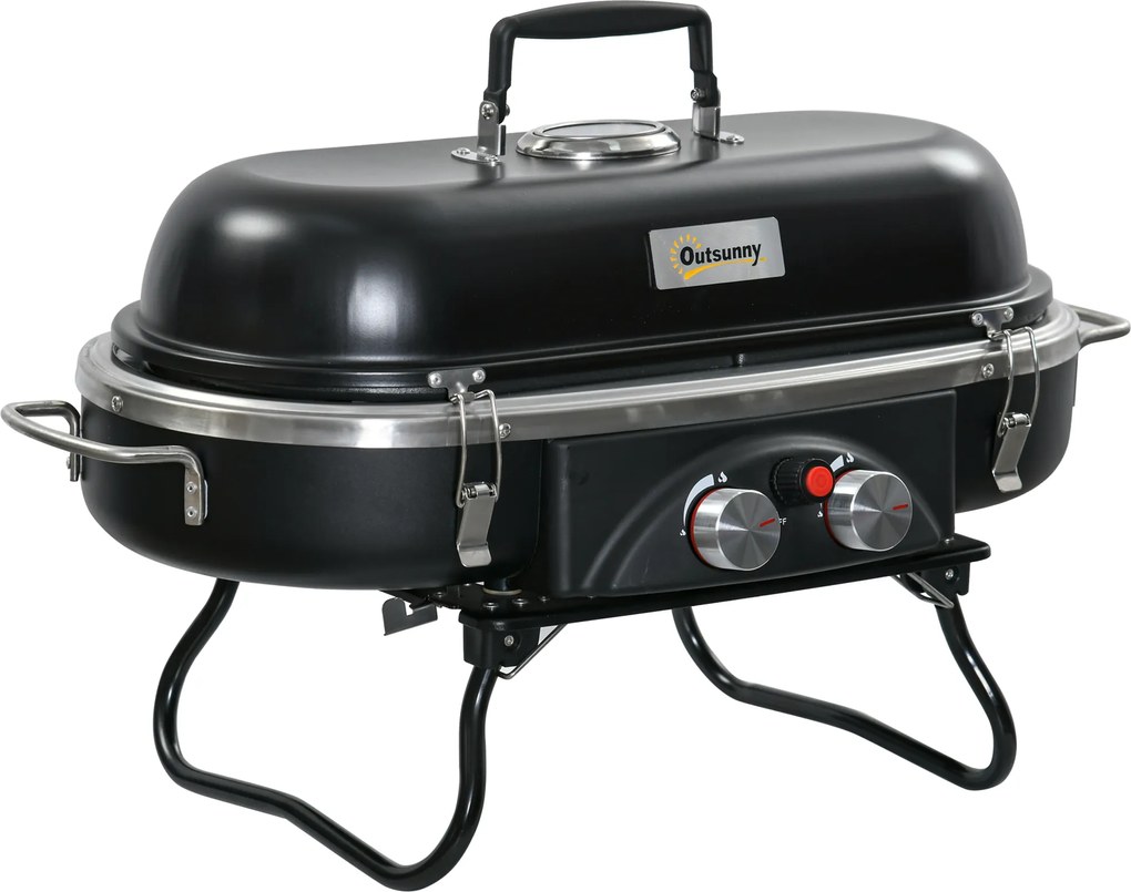 Outsunny Składany Grill Gazowy 2,34 KW BBQ z 2 Palnikami ze Stali Nierdzewnej Regulatorem Ciśnienia 66 x 34,5 x 37 cm Czarny