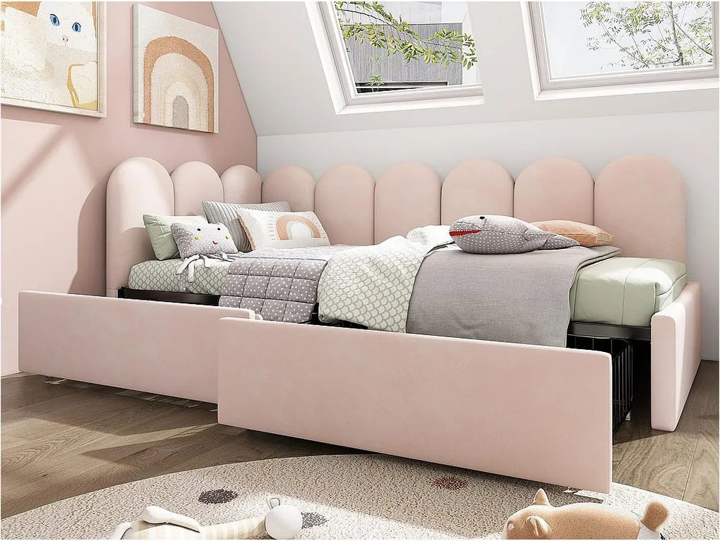 Łóżko z kanapą z 2 szufladami - materiał aksamitny - 90x200 cm - z stelażem na listwy - Różowy