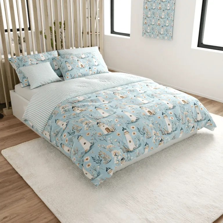 PrzytulneMieszkanie.pl PrzytulneMieszkanie.pl Bawełniana pościel LIGHTHOUSE POLY niebieska Rozmiar pościeli: 70 x 90 cm | 140 x 200 cm