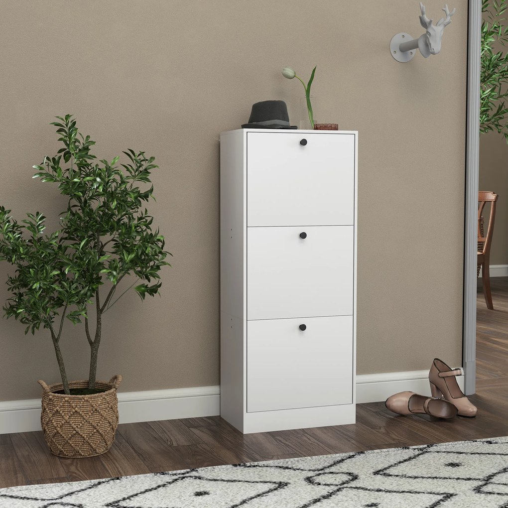 Szafka na Buty HOMCOM, Regał, 3 Klapki, Regulowana, Płyta Pilśniowa, Biały