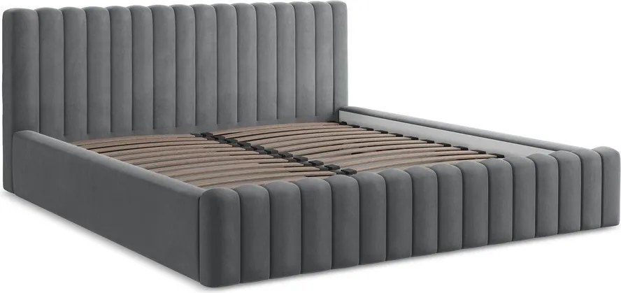 Szare tapicerowane łóżko dwuosobowe ze schowkiem i stelażem 180x200 cm Lemi – Makamii