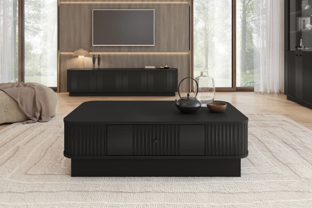 Stolik kawowy z szufladą Vesper 103x60 cm na cokole - czarny / czarny uchwyt