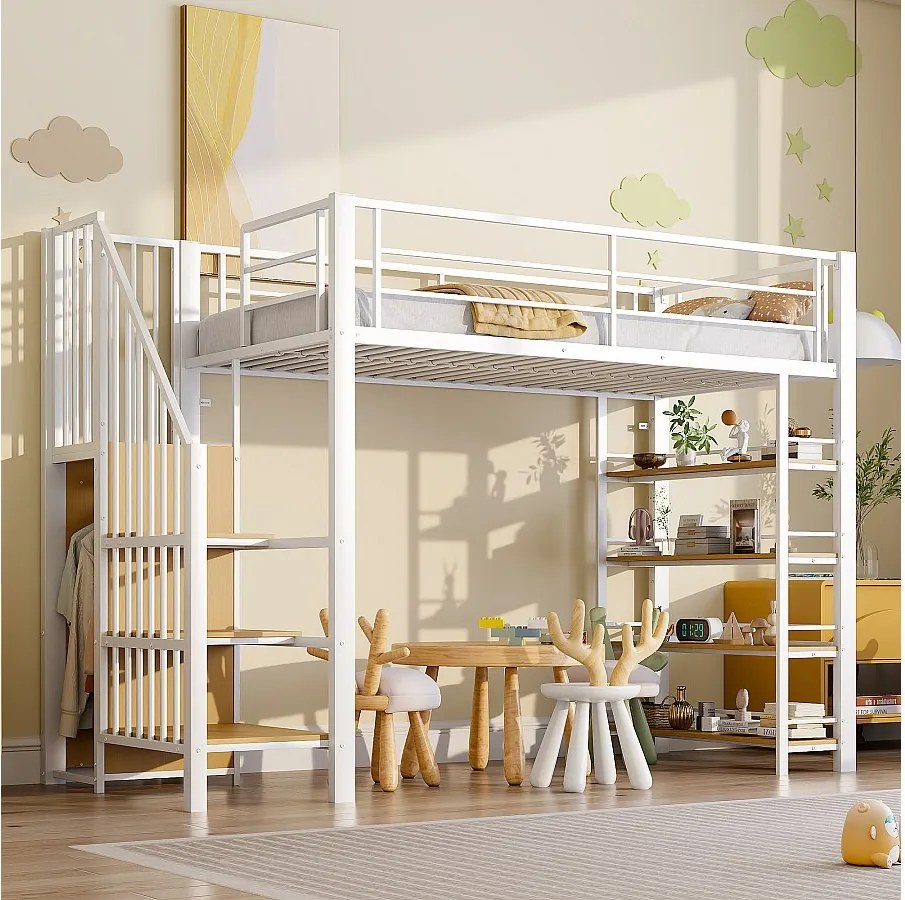 Łóżko piętrowe dla dzieci - 90 x 200 - ze schodami + schowkiem + półkami - MDF + metal - białe