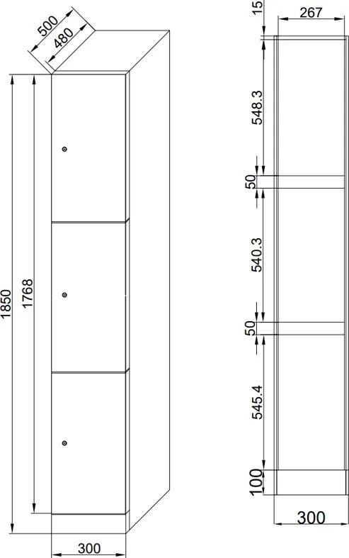 Szafka skrytkowa S1, 3 schowki, 1850 x 300 x 500 mm, demontaż, zamek cylindryczny, drzwi laminowane, buk