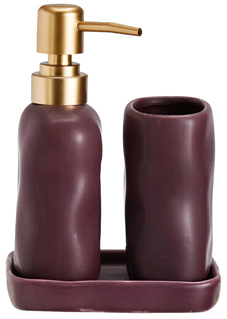 Zestaw łazienkowy EON, ceramiczny dozownik ze złotą pompką, kubek i taca