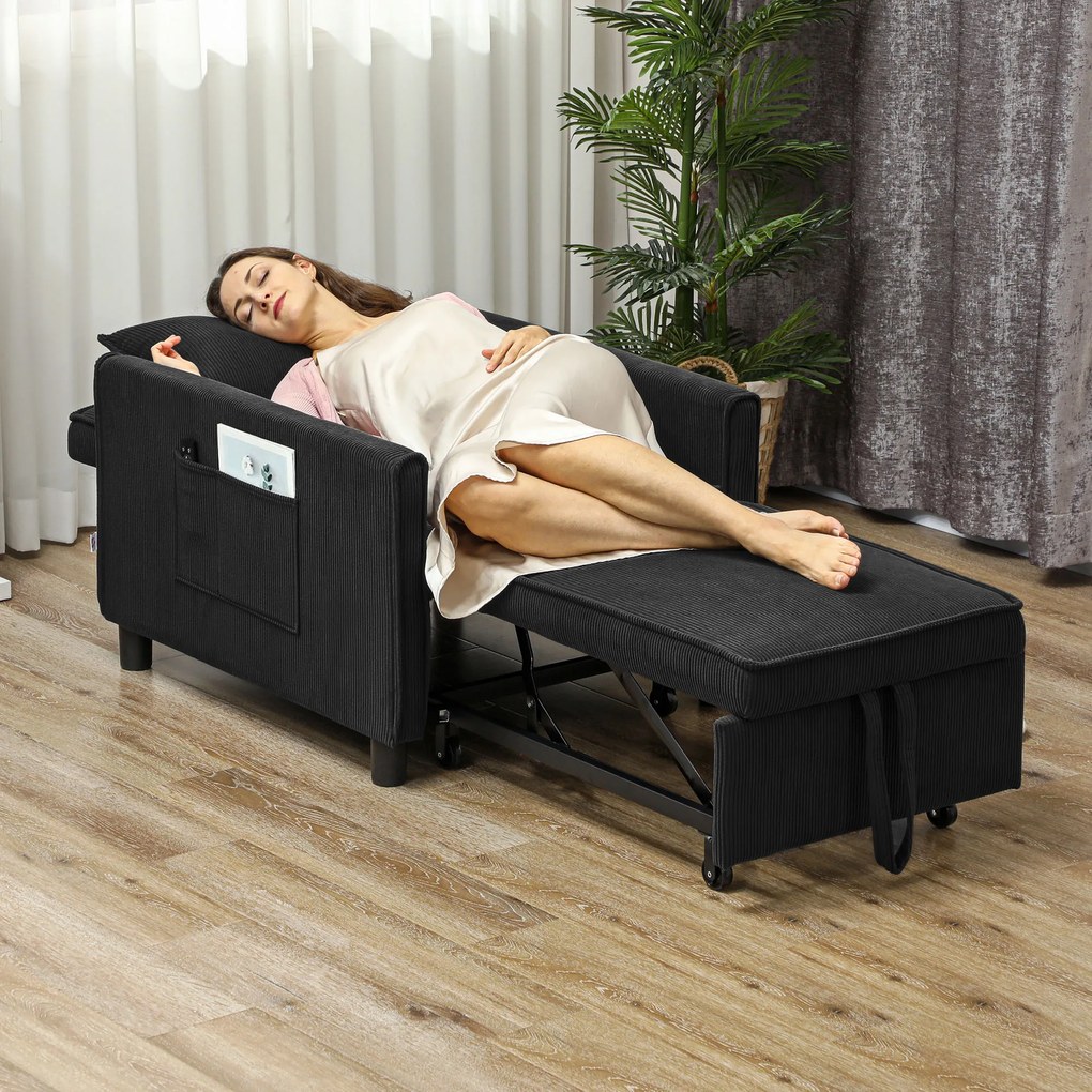 HOMCOM Rozkładany fotel, regulowany, 3 pozycje, Pokrycie z sztruksu, do 120 kg, Czarny