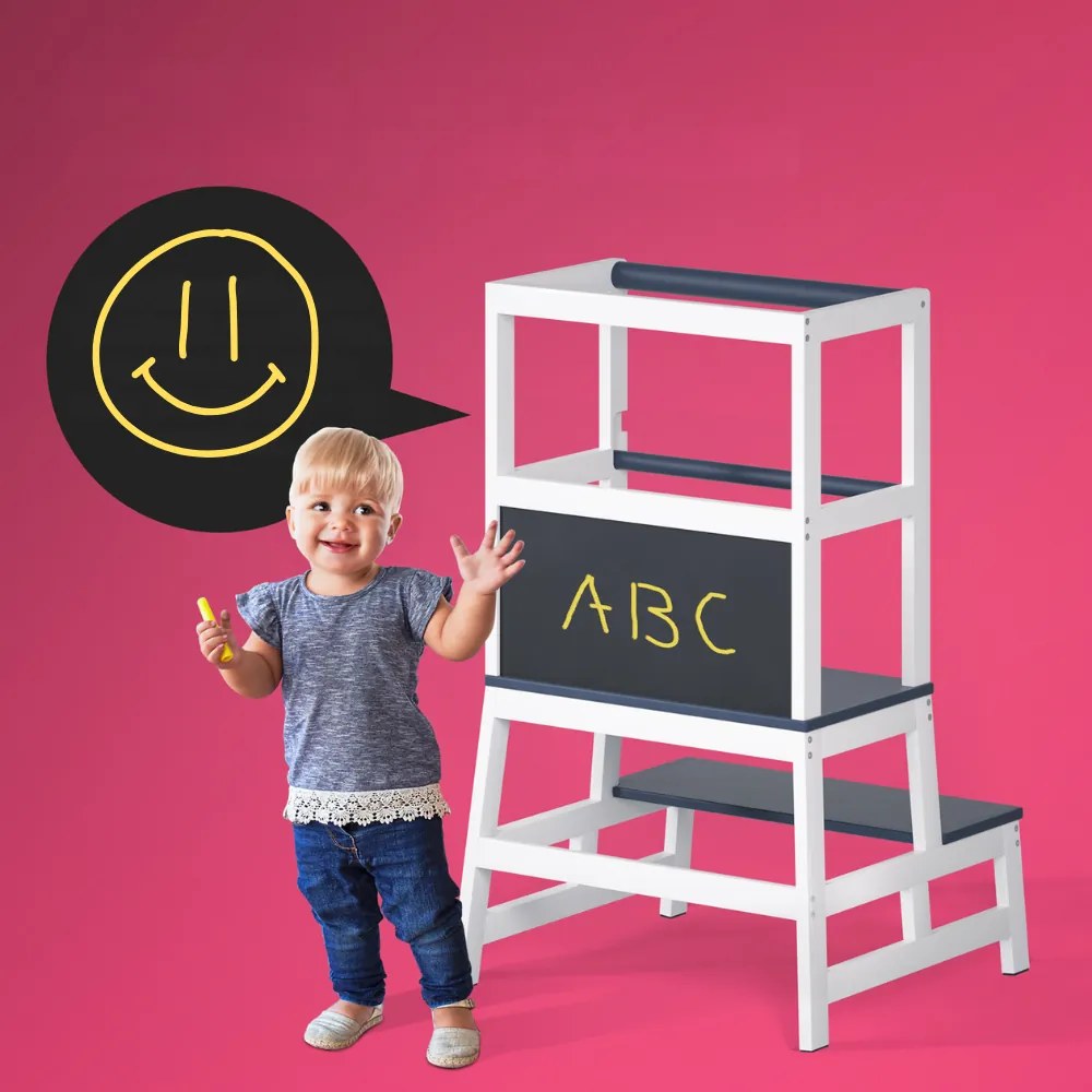 Wieża edukacyjna PLAY z drewna sosnowego, 93x51x50cm, biała/antracyt Spielwerk
