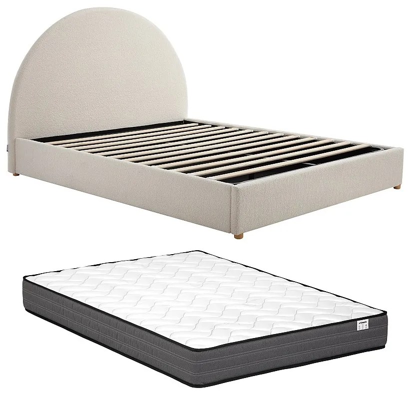 Łóżko ze skrzynią 160 x 200 cm - Tkanina z bukli - Biały + Materac – CALIDORYA