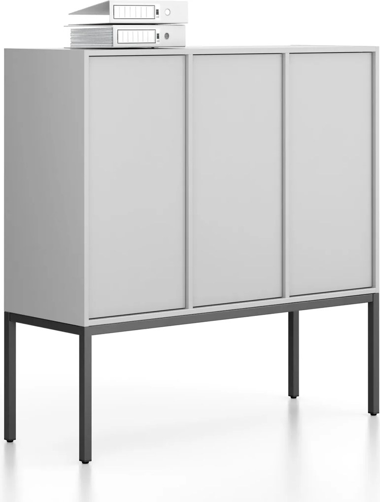 Szafa biurowa FRAME, niska, czarna podstawa, 3x drzwi, 1299 x 450 x 1331 mm, PUSH-lock, szary