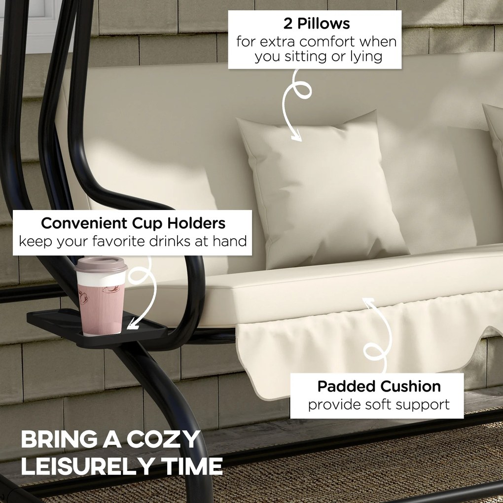 Outsunny 2-w-1 Huśtawka Ogrodowa z Funkcją Leżanki, Regulowany Daszek, do 340 kg, Stal, 200x120x164 cm, Kremowy