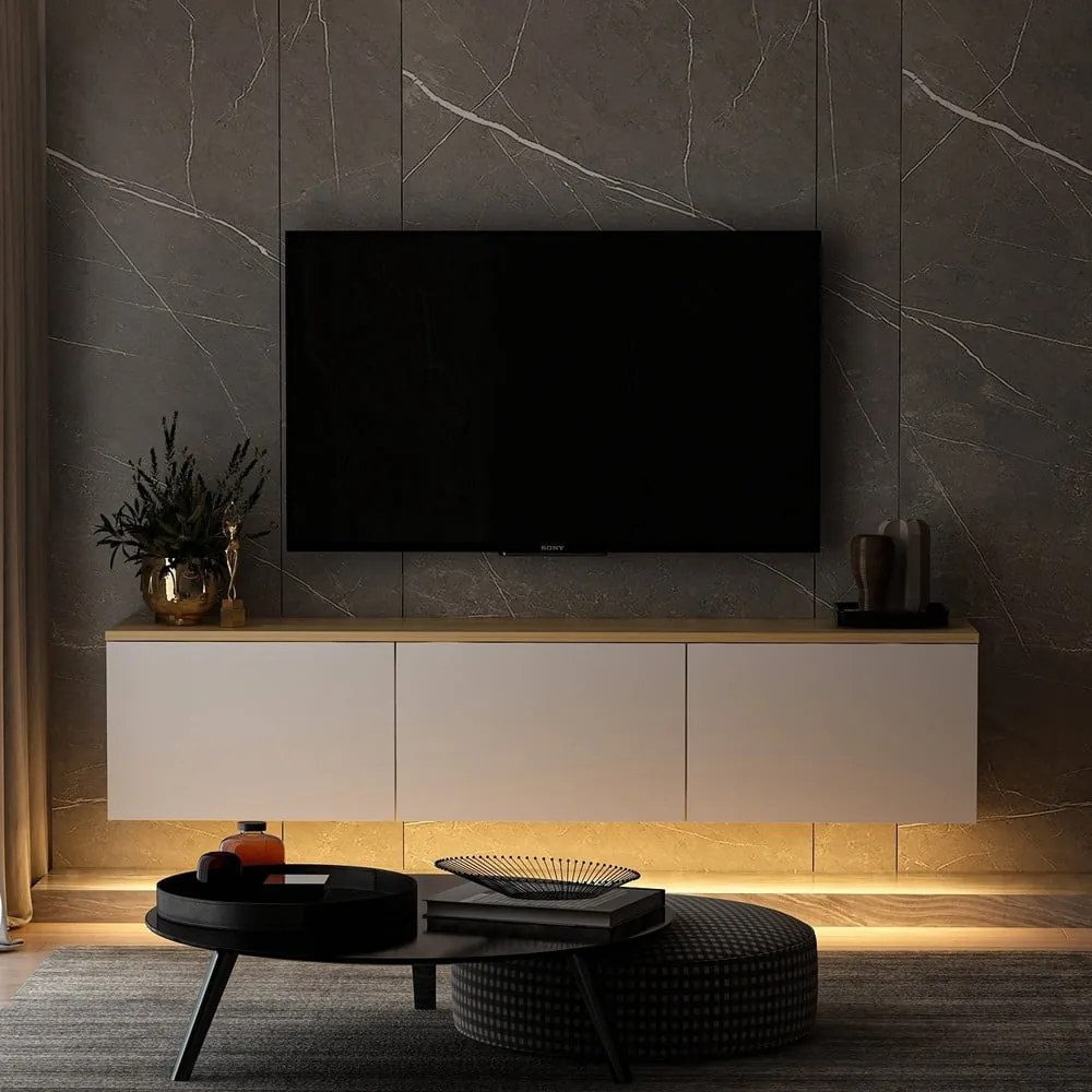 Biało-naturalna szafka pod TV w dekorze dębu 160x35x32 cm Neon – Kalune Design