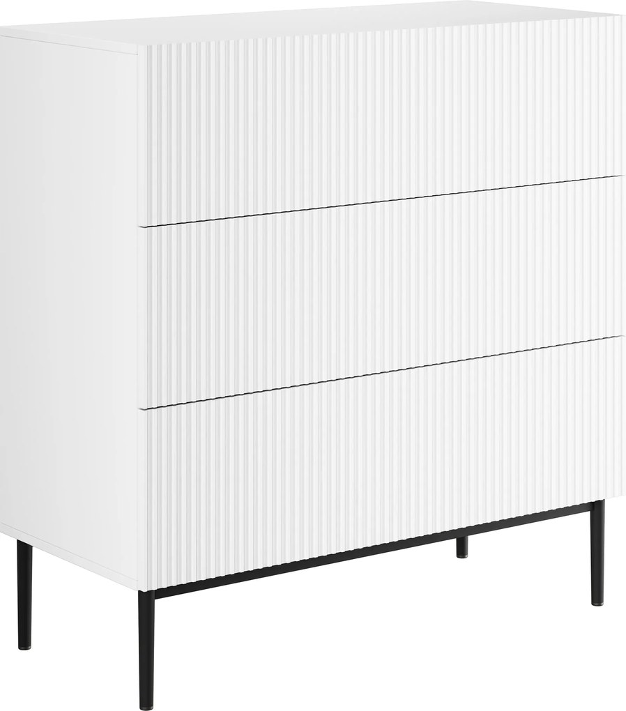 Komoda Nicole 100 cm z szufladami z ryflowanym frontem - biały mat / czarne nóżki