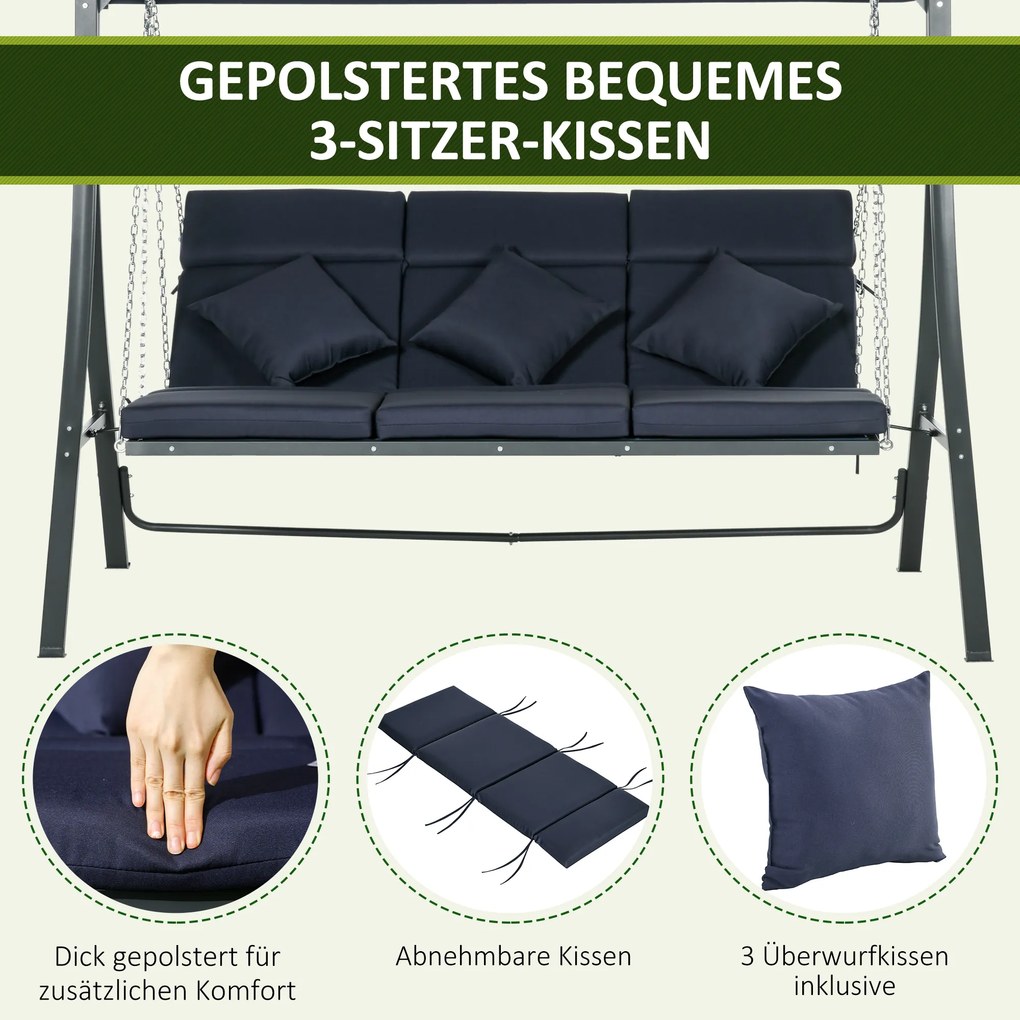 Outsunny Hollywoodzka Huśtawka Ogrodowa na 3 Osoby z Regulowanym Dachem Texteline Komfort i Styl Granatowy Czarny 198x118x168cm | Aosom PL