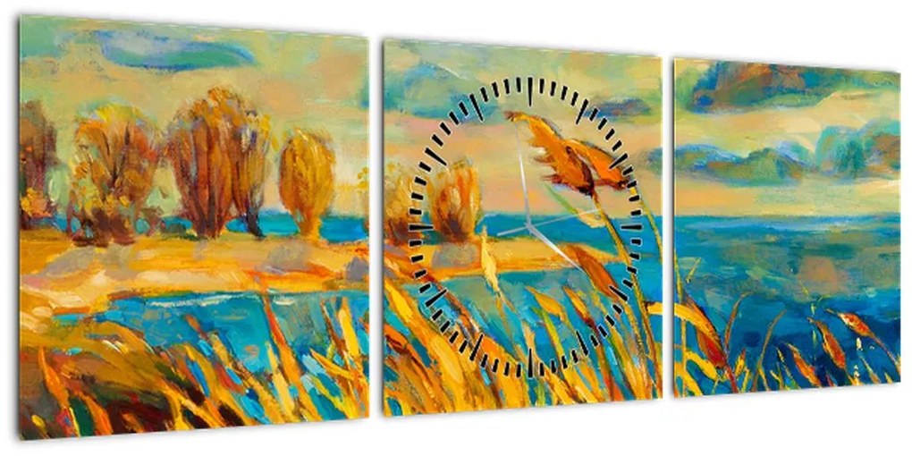 Obraz - Zachód słońca nad jeziorem, obraz akrylowy (z zegarem) (90x30 cm)
