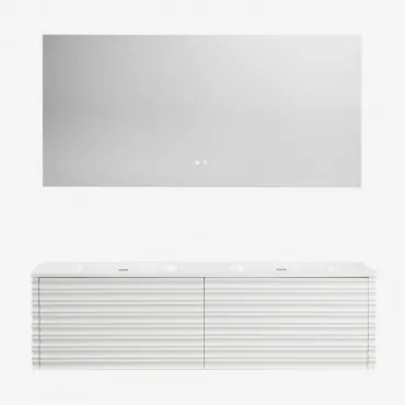 Zestaw Wiszących Mebli Łazienkowych 160x50 Cm Z Drewna Z Wbudowanymi Umywalkami Noura Biała & Bez Kranu & Prostokątny Led I Przeciwmgielny 160x75 Cm R