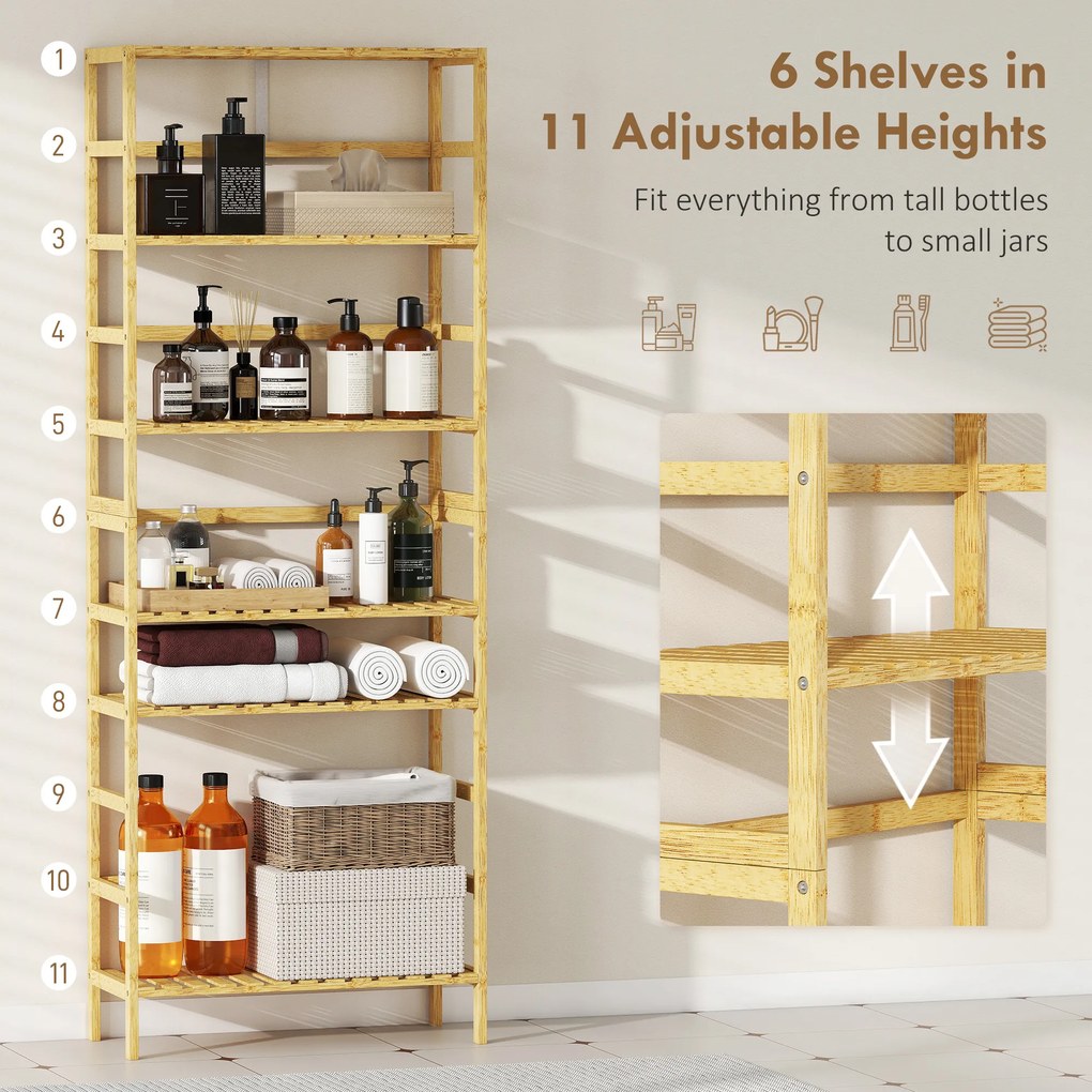 HOMCOM 6-poziomowy regał z drewna bambusowego, regulowane półki, wolnostojący regał do przechowywania, drewno naturalne