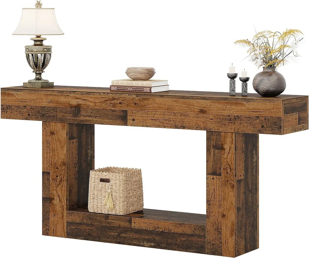 Stół konsolowy 160 cm, stół wejściowy typu farmhouse z 2 poziomami i podstawą w kształcie litery U