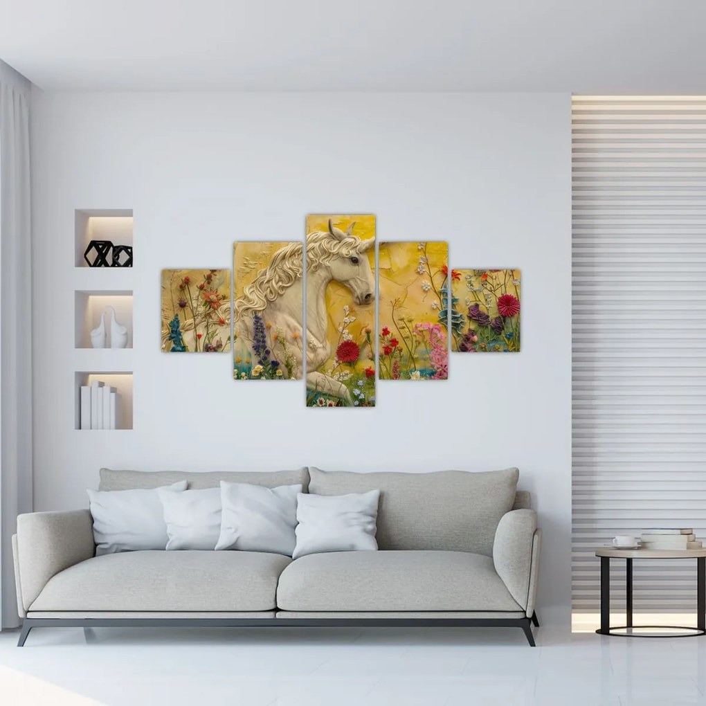 Obraz - Jednorożec z kwiatami (125x70 cm)