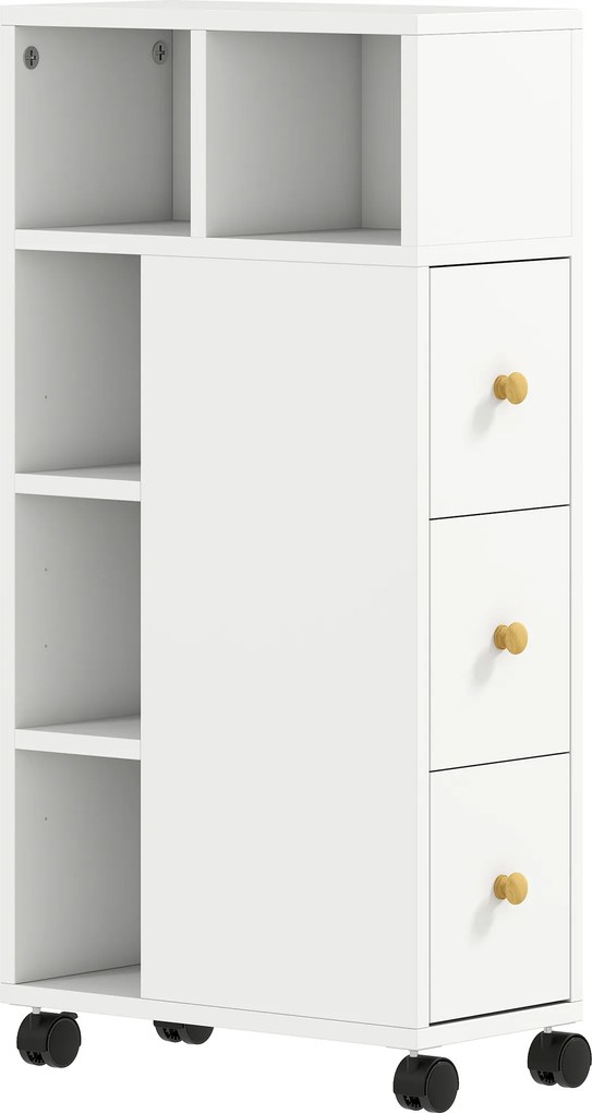 HOMCOM Szafka łazienkowa wąska, szafka z 4 kółkami, 3 szuflady, 5 otwartych przegródek, 20x40x80cm, Biały