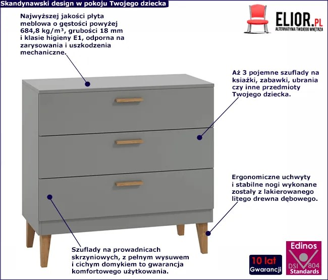 Szara komoda z trzema szufladami na drewnianych nóżkach - Maurycy 3X