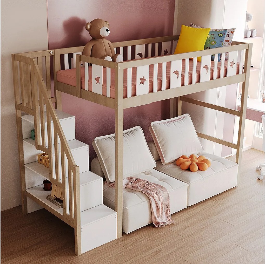 Łóżko piętrowe dla dzieci - 90 x 200 - ze schowkiem w schodach + barierka ochronna - drewno + MDF - naturalne