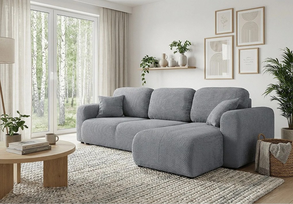 Stylowy narożnik rozkładany prawostronny BINGO L 245x148x87 cm w tkaninie Pop 14 szarej