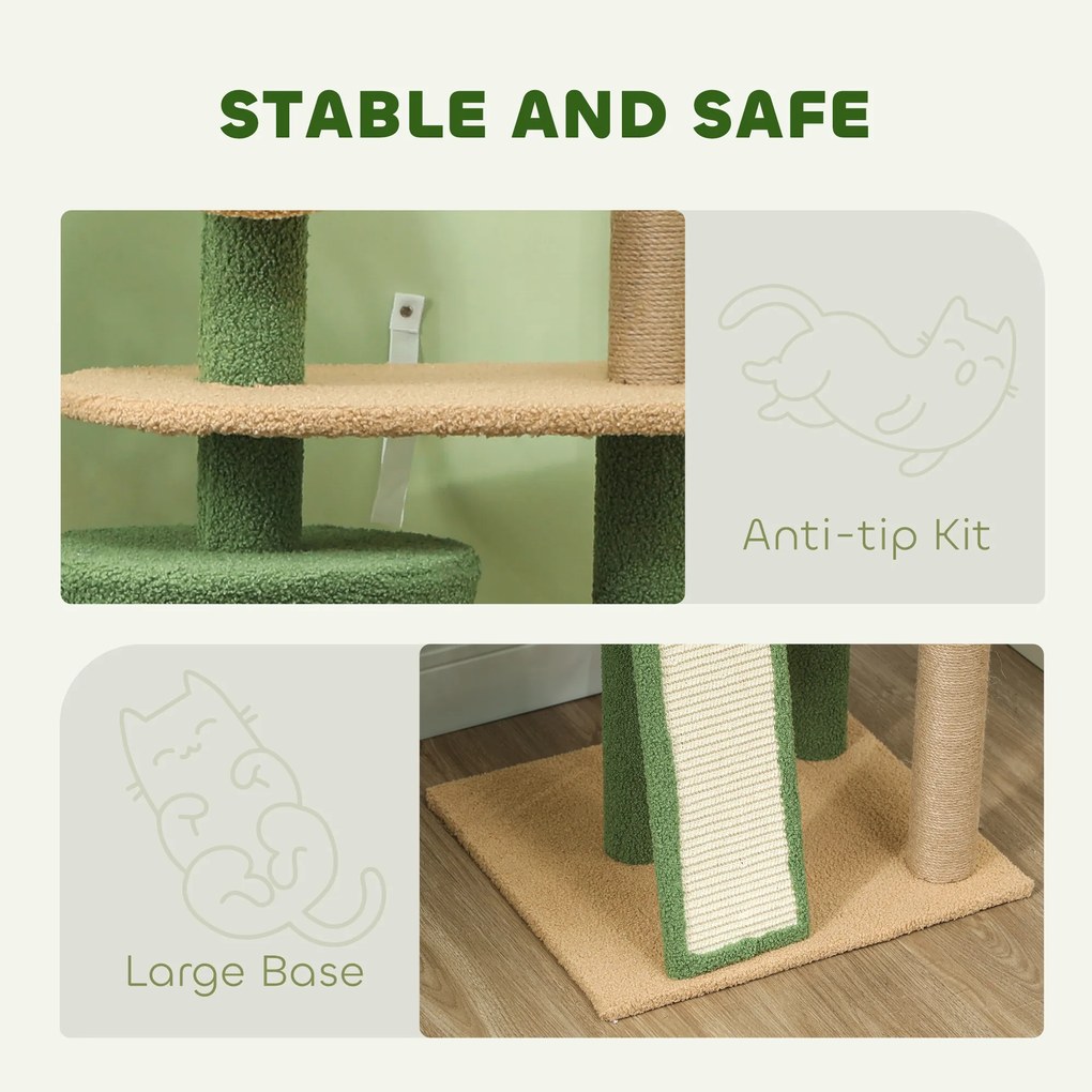 PawHut Drapak dla Kotów, 139 cm z Jaskinią, Piłkami, Sisalowymi Słupkami i Platformami, dla Dwóch Kotów, Zielony
