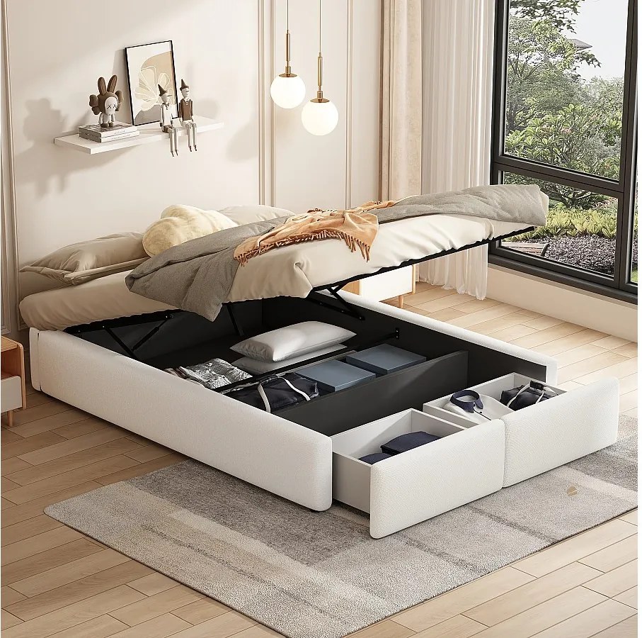 Łóżko tapicerowane ze schowkiem - 140 x 200 cm - z 2 szufladami i bez wezgłowia - Len + MDF - szare