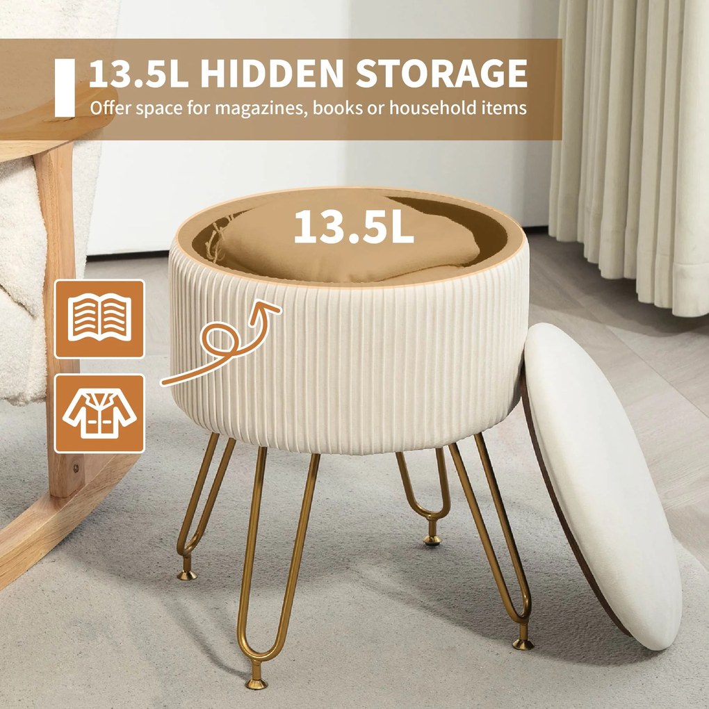 HOMCOM 2-w-1 Hoker z miejscem do przechowywania na metalowych nogach, okrągły podnóżek do salonu, sypialni, przedpokoju, Kremowy