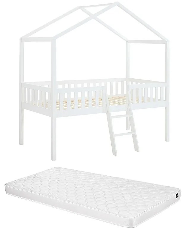 Półwysokie łóżko w formie domku 90 x 190 cm z materacem – biała sosna – NALENY