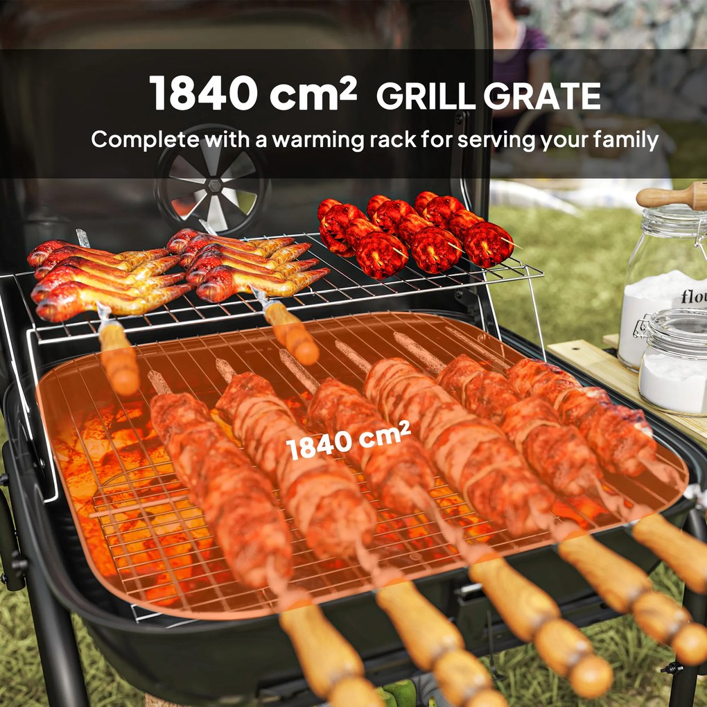 Outsunny Grill węglowy ze stali, przenośny, z zamykaną pokrywą, rusztem, kółkami i półkami, 98 x 54 x 91 cm, czarny | Aosom PL