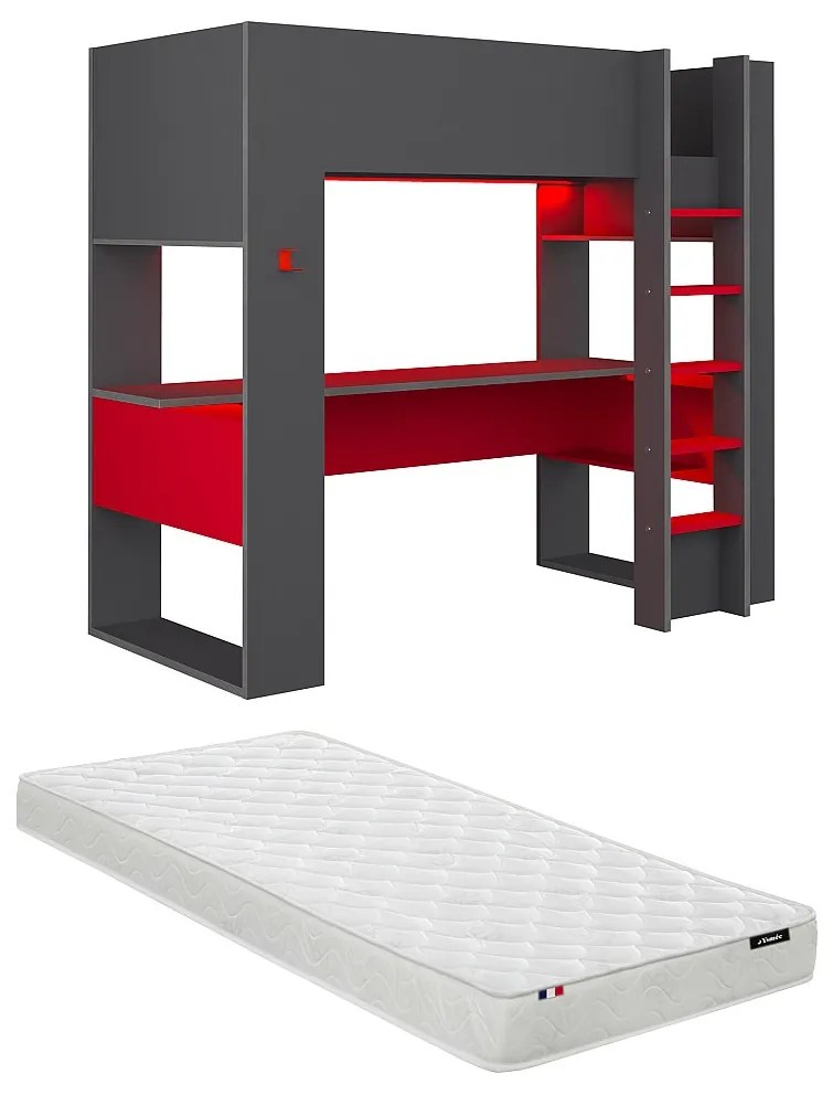 Łóżko z antresolą gamer NOAH, z biurkiem i ze skrzynią  – 90 × 200 cm – z oświetleniem LED – kolor antracytowy i czerwony, w zestawie z materacem
