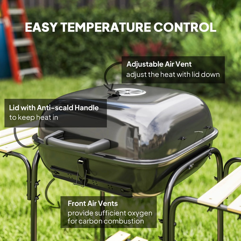 Outsunny Grill węglowy ze stali, przenośny, z zamykaną pokrywą, rusztem, kółkami i półkami, 98 x 54 x 91 cm, czarny | Aosom PL