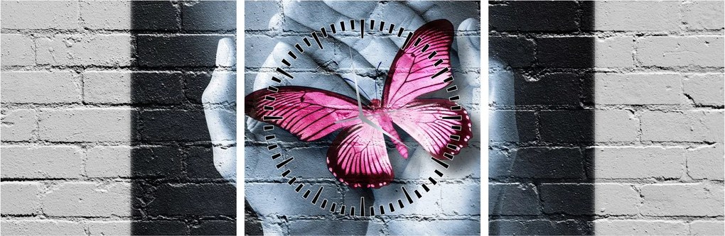 Obraz - Różowy motyl w ścianie (z zegarem) (90x30 cm)