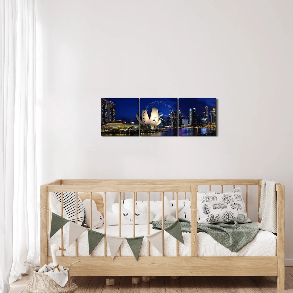 Obraz Singapuru nocą (z zegarem) (90x30 cm)