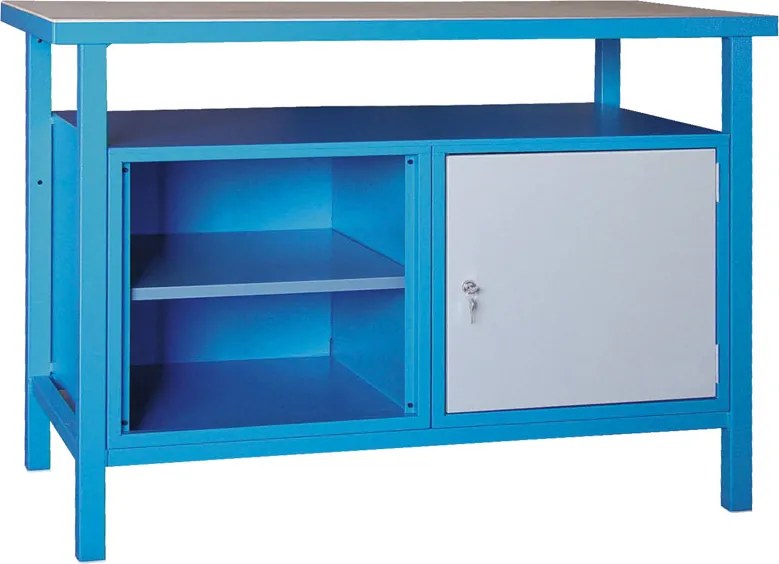 Stół warsztatowy GD, świerk + bukowa sklejka, 1 szafka, 1 półka, 1190 x 600 x 850 mm, szary