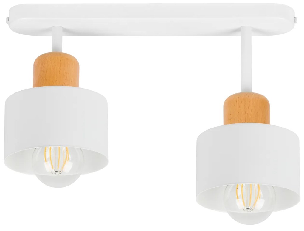 Biała lampa sufitowa, dwupunktowy spot DBU3306WE z drewna i metalu E27