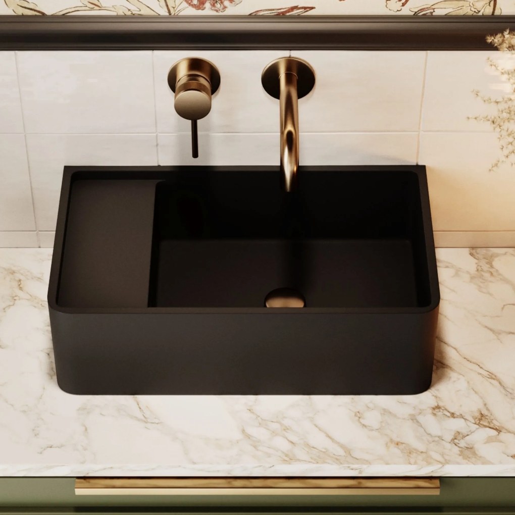 Umywalka z kamienia syntetycznego nablatowa / wisząca prostokątna czarna 43 cm x 25 cm EVELIA Black : Otwór na baterię - Nie, Typ montażu - nablatowa