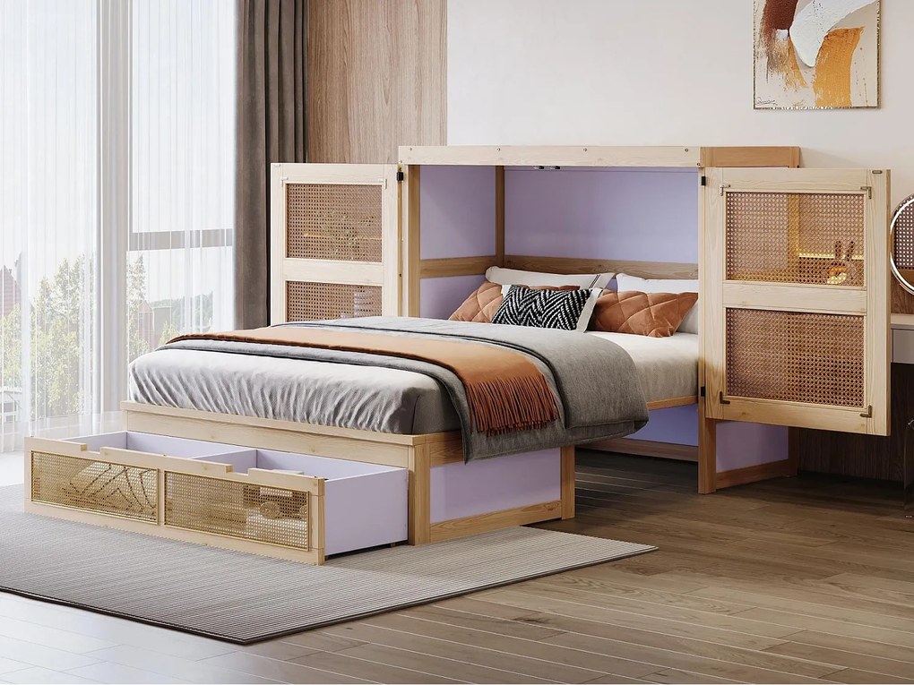 Łóżko chowane w zabudowie 140 x 200 cm - z 2 szufladami - z stelażem lamelowym - naturalny​ (materac nie jest wliczony w cenę)