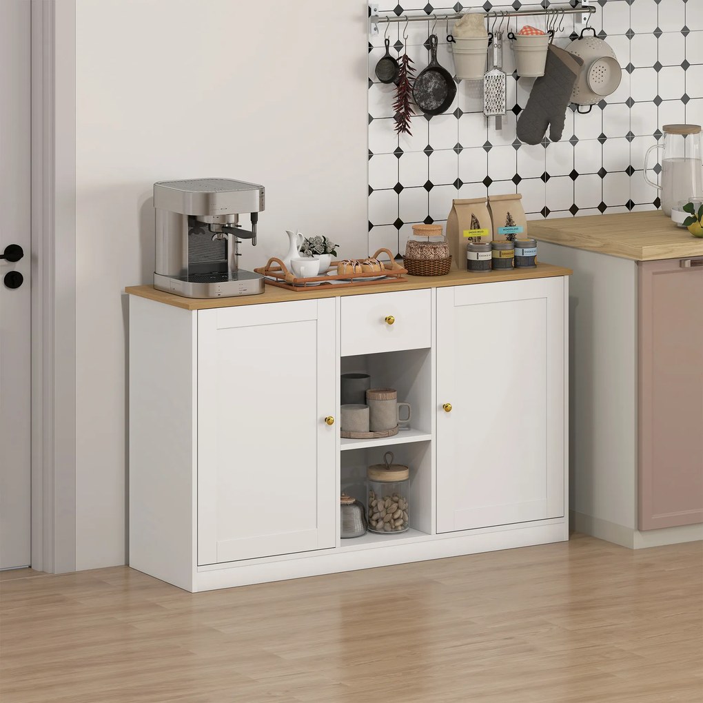 HOMCOM Komoda Kuchenna, Sideboard z Szufladą, Szafkami, Półkami, Płyta Wiórowa, Biała