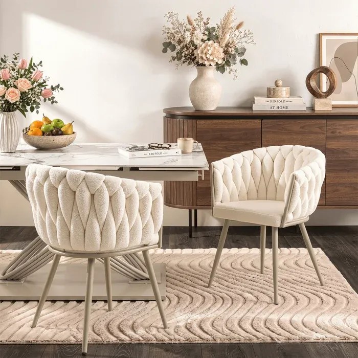 Krzesło Tapicerowane Plecione CARINE Kremowe Boucle Japandi