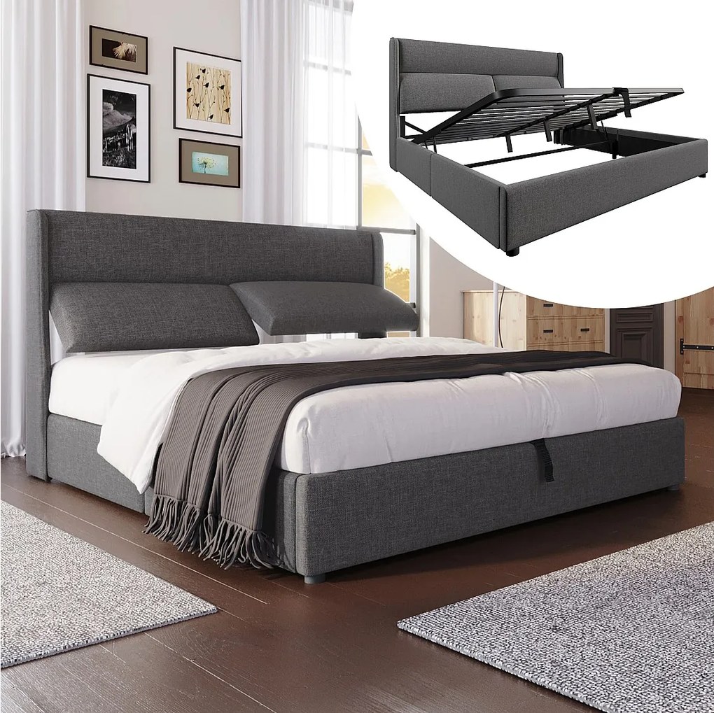 Łóżko tapicerowane dwuosobowe ze schowkiem - 180 x 200 cm - z regulowanymi zagłówkami + hydrauliczny schowek - len - szary