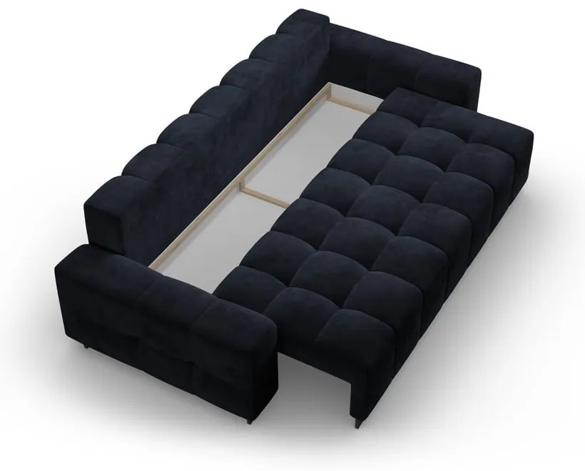 Ciemnoniebieska aksamitna rozkładana sofa ze schowkiem 250 cm Wicklow – Cosmopolitan Design