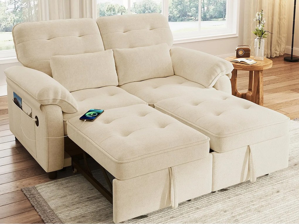 Kanapa 3 w 1 - 2 osoby - Kanapa składana - Regulowane oparcie - Port ładowania USB - Zawiera 2 poduszki - Szynszyla - beżowy