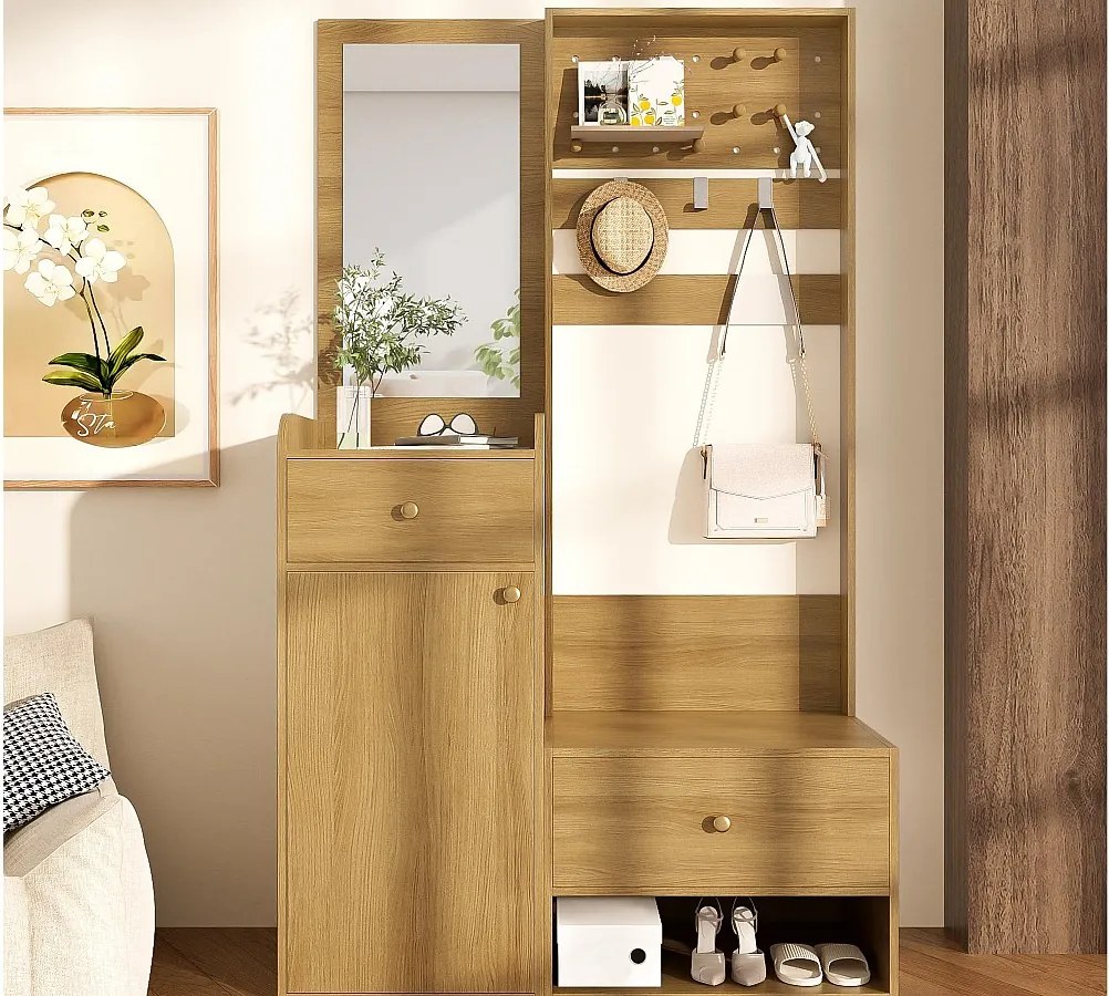 Zestaw wieszakowy do przedpokoju 105x38x180 cm - z lustrem - z regulowanymi hakami - 2 szuflady i 1 drzwi - Naturalny