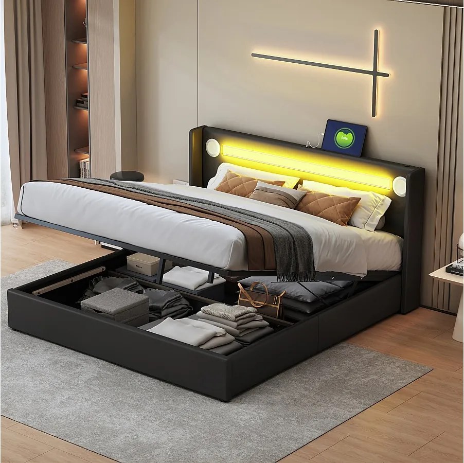 Łóżko ze schowkiem 160 x 200 cm - Czarny PU - Łóżko dwuosobowe z ładowarką USB i odtwarzaczem Bluetooth - Oświetlenie LED - Bez materaca