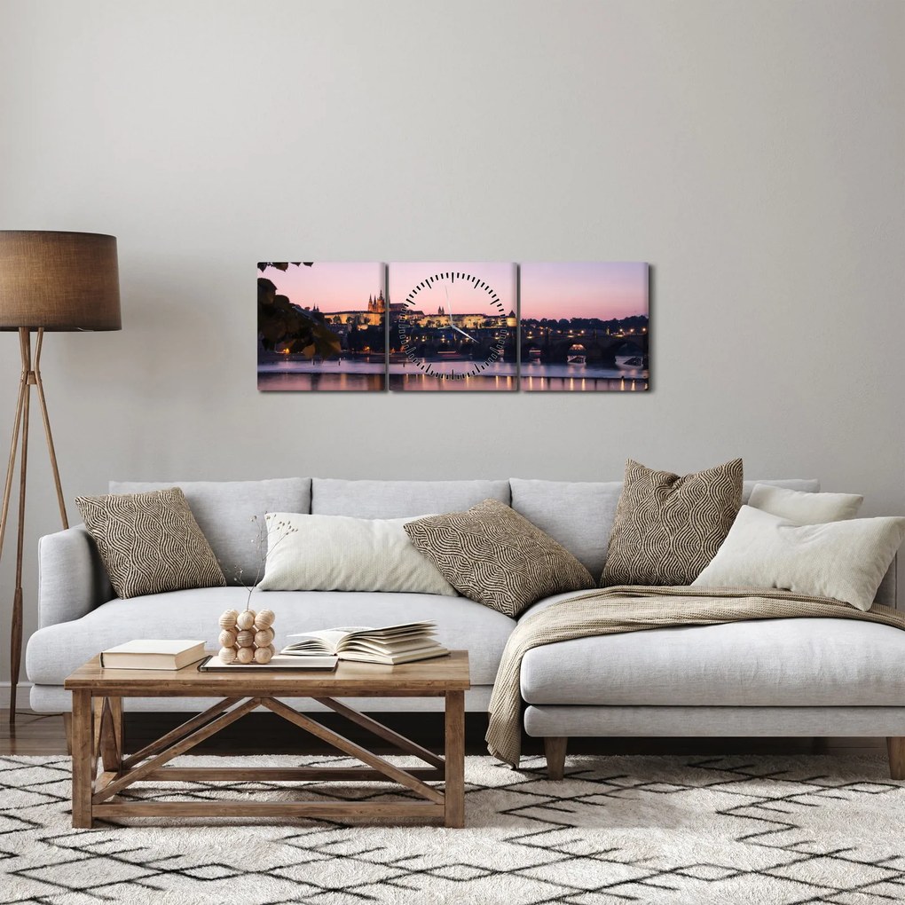 Obraz Zamku Praskiego i Wełtawy (z zegarem) (90x30 cm)